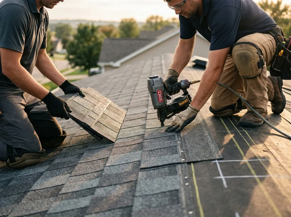 Professional roofer working on a residential roof in McAllen